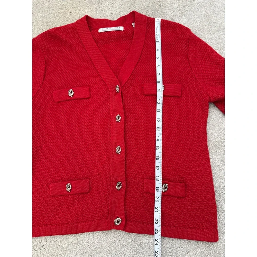 Karen Scott Vintage Red Knit Large Cardigan Sweater Silver Buttons Wool Blend
